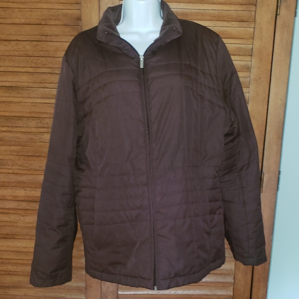 Lands' End Brown Quilted Puffer Coat with Stand-Up Collar